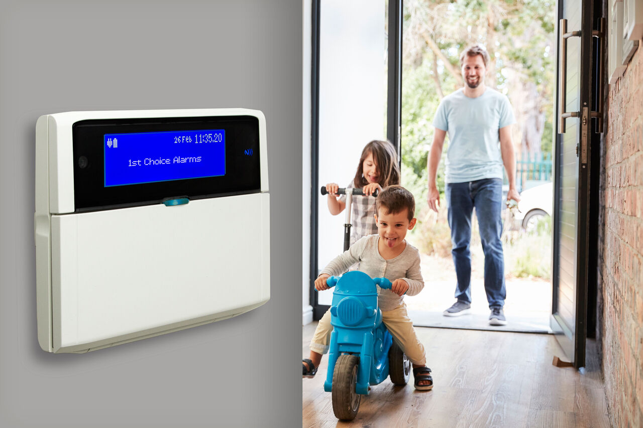 Family at front door with security keypad